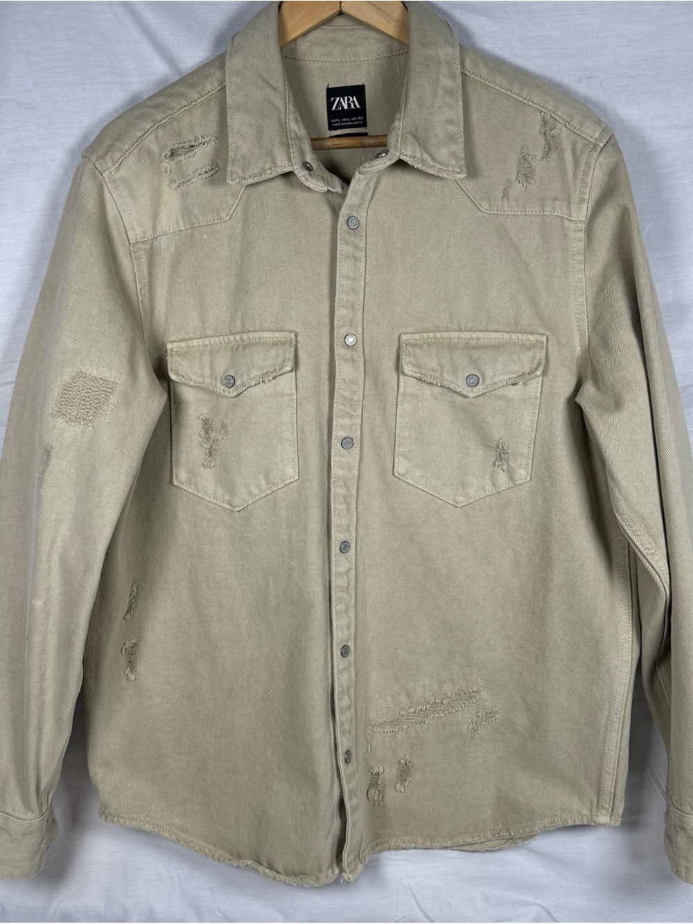 Zara Beige Distressed Button-Front Shirt Jacket
